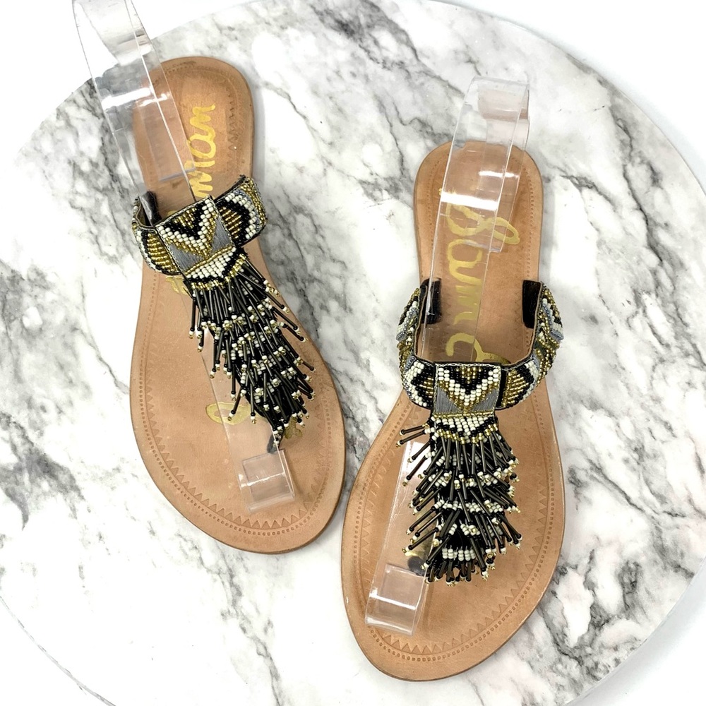 Sam Edelman Anella Beaded Fringe Flip Flops 7.5 Geometric Bohemian Western Artsy